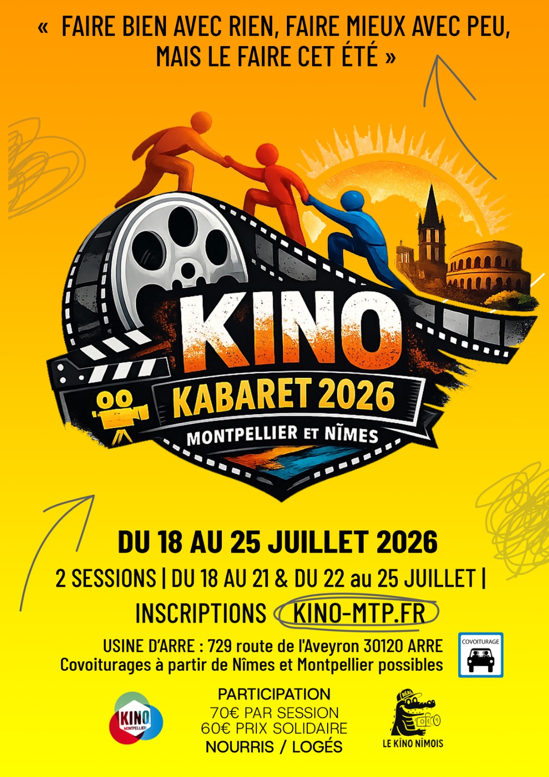 Affiche du Kino-Kabaret 2026 : une pellicule enroulée dans sa bonibe avec 3 bonhommes stylisés qui marchent dessus et s'entraident pour avancer 